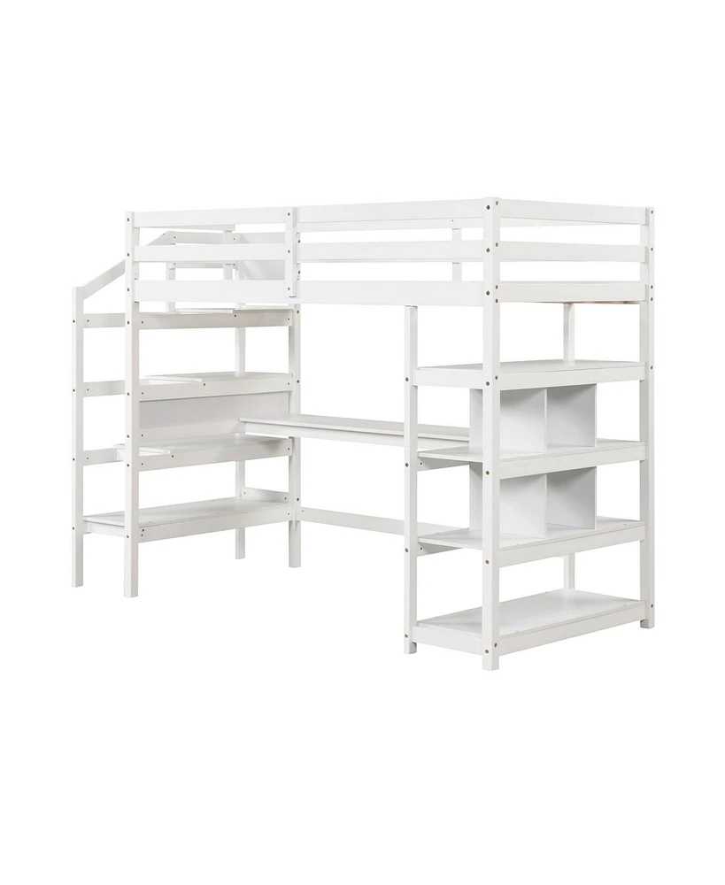 Gouun Twin Size Loft Bed with Desk and Storage Stairs Loft Bed Frame with Shelves and Safety Guardrails