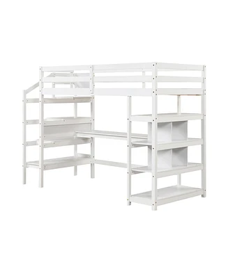 Gouun Twin Size Loft Bed with Desk and Storage Stairs Loft Bed Frame with Shelves and Safety Guardrails