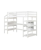 Gouun Twin Size Loft Bed with Desk and Storage Stairs Loft Bed Frame with Shelves and Safety Guardrails