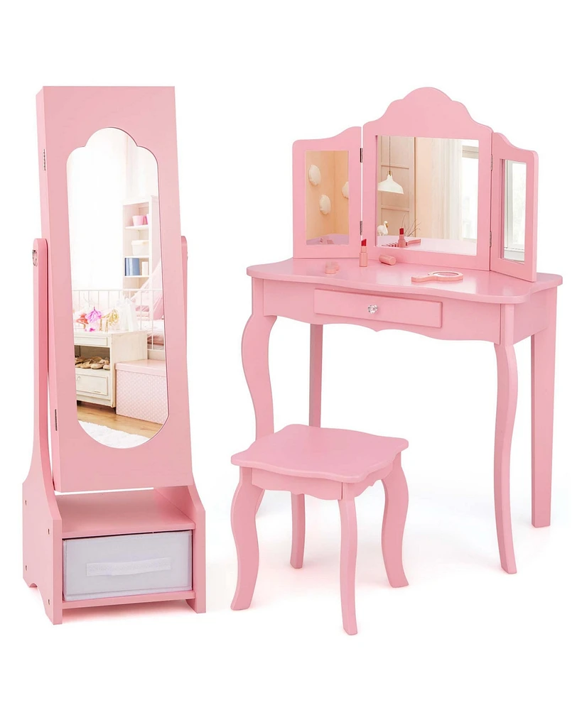 Costway Kids Vanity Set Princess Makeup Dressing Table & Chair with Jewelry Armoire