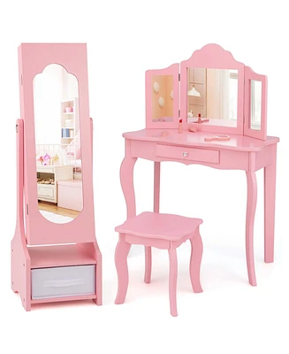 Costway Kids Vanity Set Princess Makeup Dressing Table & Chair with Jewelry Armoire