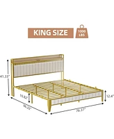 gaomon Bed Frame with Led Light and Charging Station, Upholstered Platform Bed with Storage Headboard, Metal Slat, Noise Free
