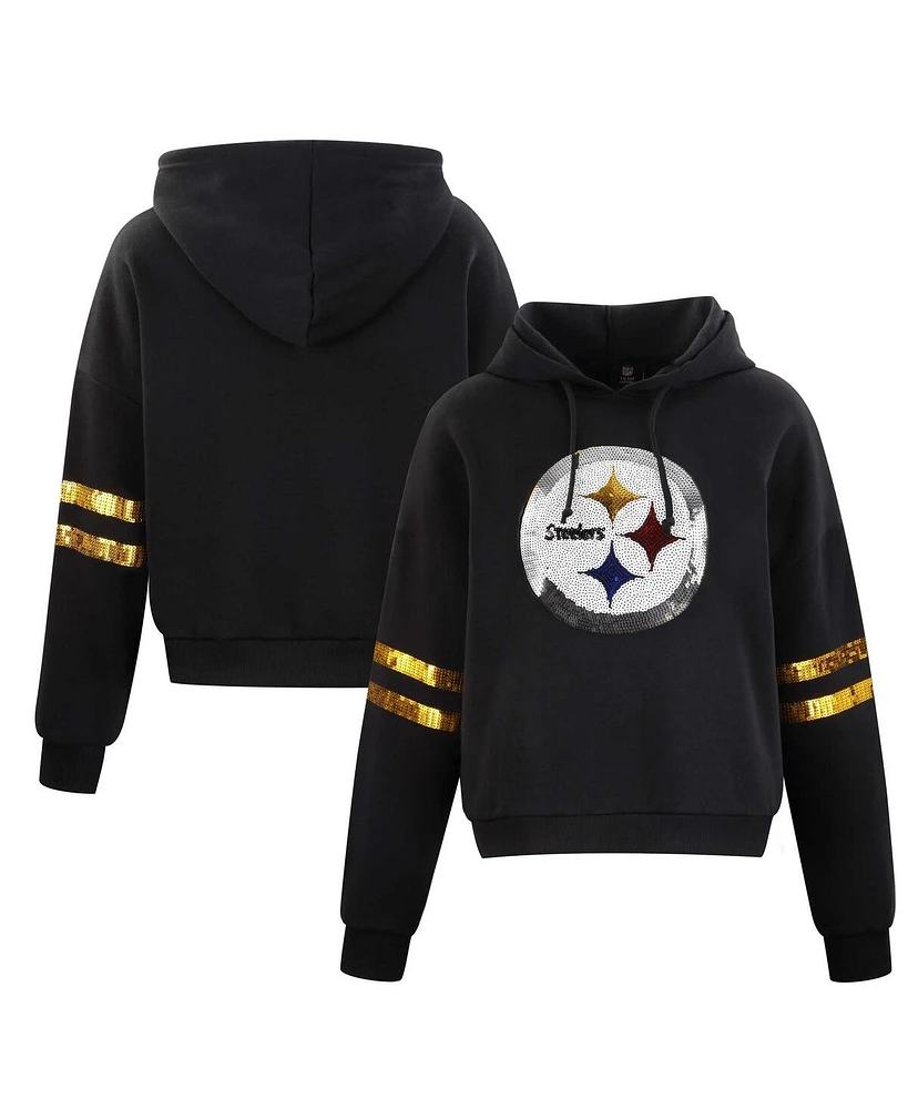 Cuce Women's Black Pittsburgh Steelers Cropped Sequins Pullover Hoodie