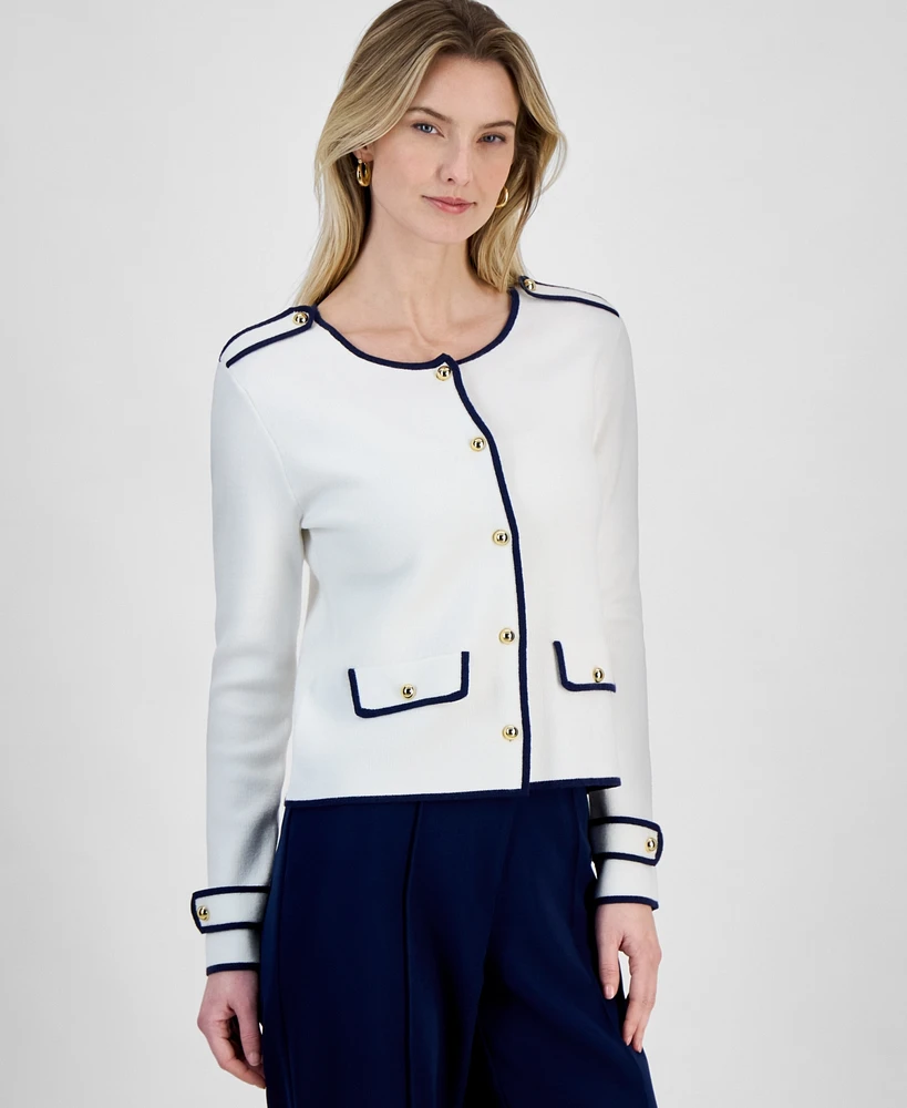 T Tahari Women's Contrast Trim Button-Front Cardigan