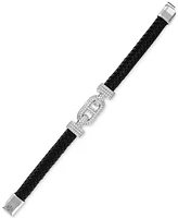 Esquire Men's Jewelry Cubic Zirconia & Braided Black Leather Bracelet in Sterling Silver, Exclusively at Macy's