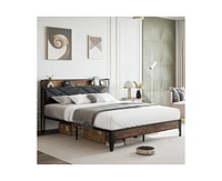 gaomon King Size Bed Frame,Upholstered Headborad with Storage and Charing Station, Tufted Design, Steel Slats Support, No Box Spring Needed, Easy Asse