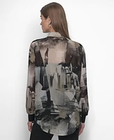 Dkny Women's Button-Front Printed Chiffon Blouse