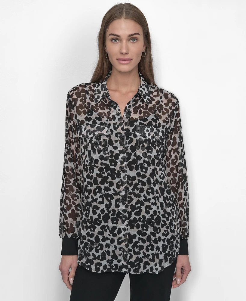 Dkny Women's Chiffon Animal-Print Semi-Sheer Blouse