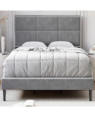 gaomon King Size Velvet Bed Frame with Headboard, Modern Upholstered Platform Bed, Mirror Stainless Steel Decoration, Wooden Slats Support