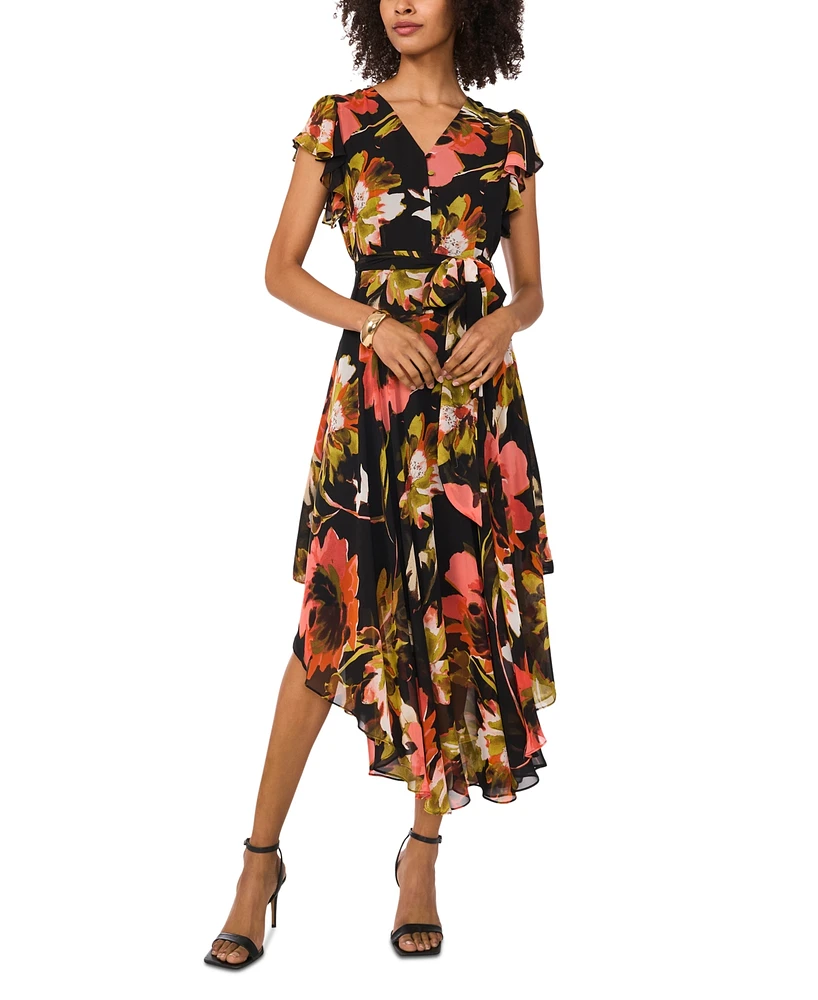 Vince Camuto Women's Printed V-Neck Flutter-Sleeve Asymmetrical-Hem Midi Dress