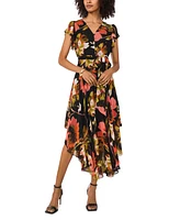 Vince Camuto Women's Printed V-Neck Flutter-Sleeve Asymmetrical-Hem Midi Dress