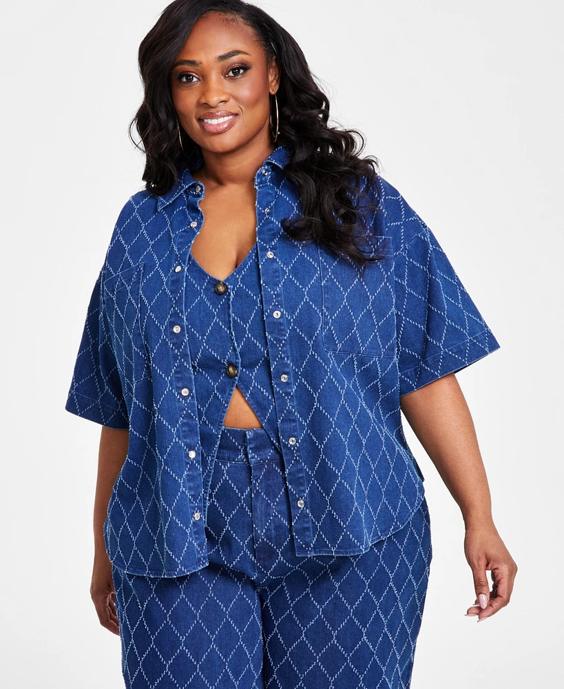 Nina Parker Plus Diamond-Texture Denim Shirt