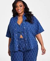 Nina Parker Plus Diamond-Texture Denim Shirt