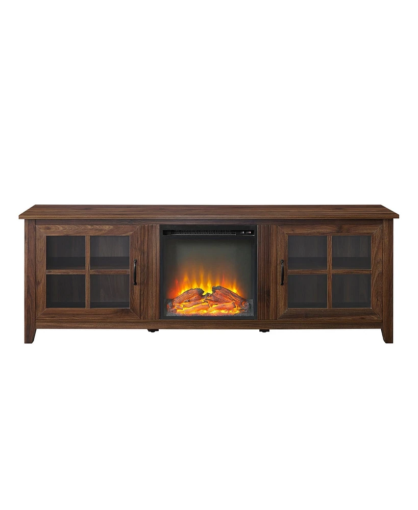 Farmhouse Tv Stand with Fireplace Modern 2-Door Glass Windowpane for TVs up to 80 Inches, Dark Walnut