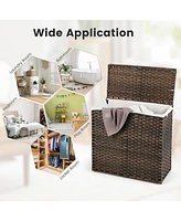 Costway 110L 3-Section Laundry Hamper w/Lid&Handle Pe Rattan Clothes Hamper w/Liner Bag