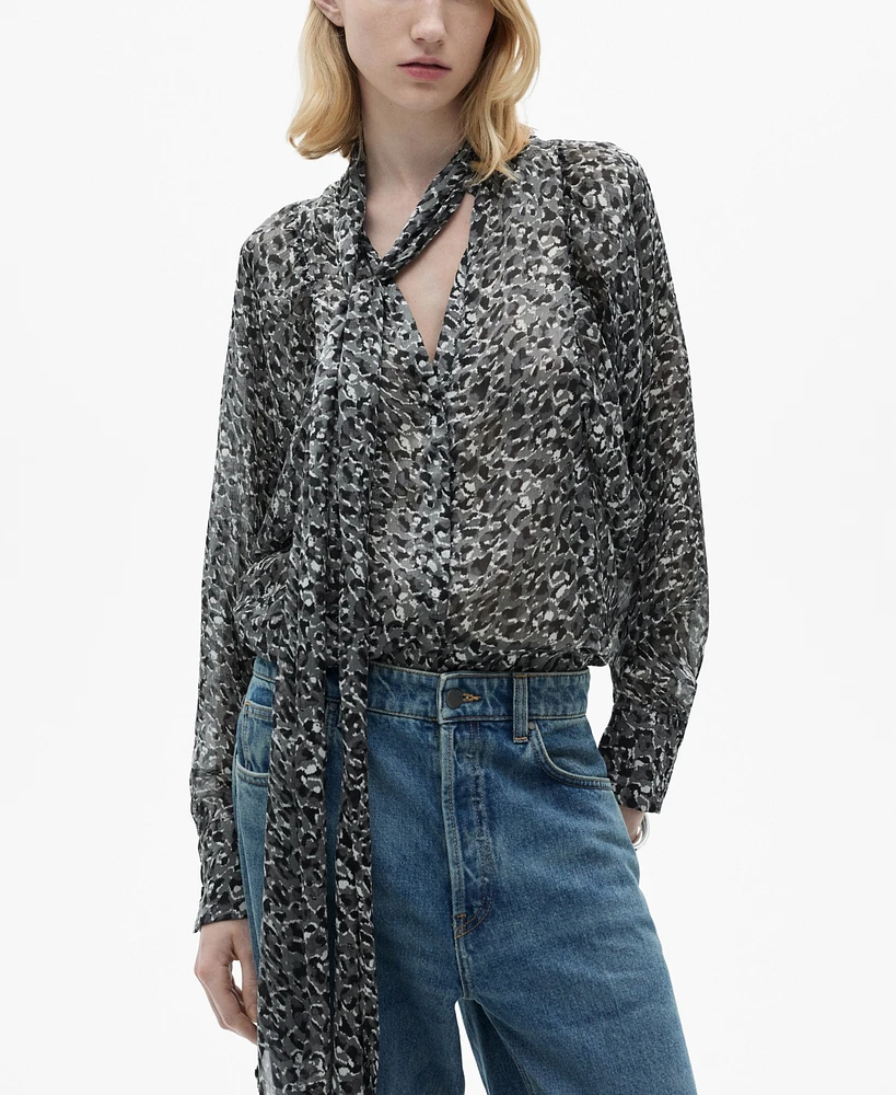 Mango Women's Collar and Bow Detail Leopard-Print Blouse