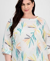 Charter Club Plus 100% Linen Boat-Neck Top, Exclusively at Macy's
