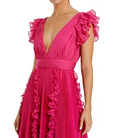 Mac Duggal Women's Pleated Ruffle Cap Sleeve Flowy A Line Gown