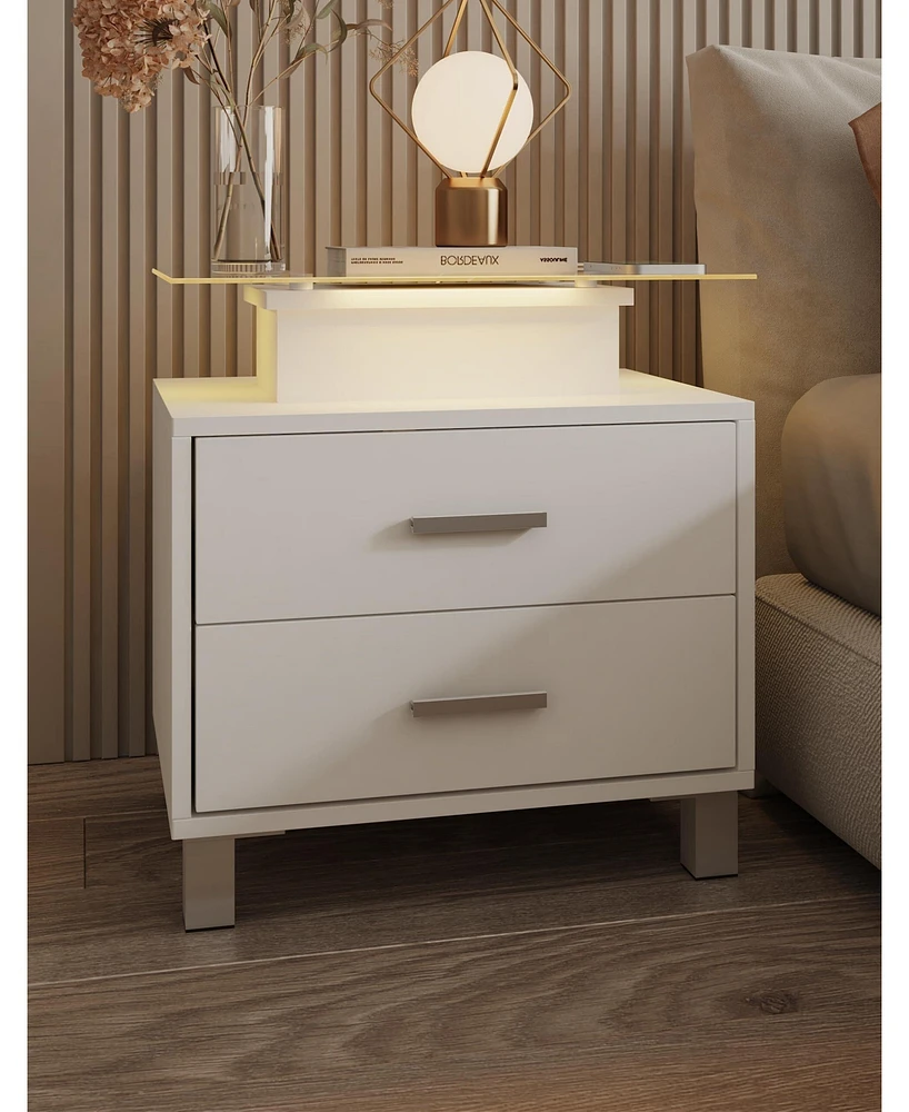 gaomon Nightstand, Side Table with Charging Station and Led Lights Glass Top Bedside Table with 2 Drawers for Living Room