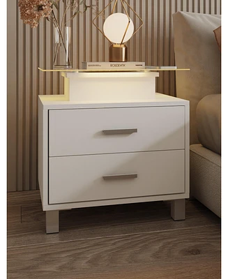 gaomon Nightstand, Side Table with Charging Station and Led Lights Glass Top Bedside Table with 2 Drawers for Living Room