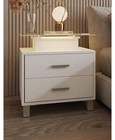 gaomon Nightstand, Side Table with Charging Station and Led Lights Glass Top Bedside Table with 2 Drawers for Living Room