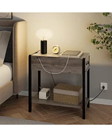 gaomon End Table with Usb Ports and Outlets, Flip Top Side Table Narrow Bedside Table with Drawer and Storage Shelves for Living Room, Rustic Grey