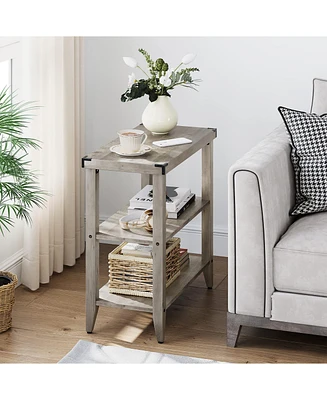 gaomon Grey Farmhouse End Table, 3 Tier Rustic Side Table, Narrow Sofa Table Set of 2 with Ample Storage Shelf, Rectangular Nightstand with Metal Corn