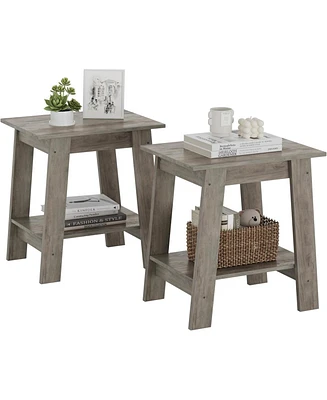 Side Table, Set of 2 Small Wooden End Table with 2-Layer Storage Shelves, Farmhouse Nightstand for Living Room, Bedroom, Office, Bathroom, Sofa Table