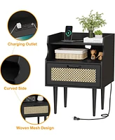 gaomon Nightstand Set of 2, Rattan End Table with Charging Station, 2 Open Shelves Beside Table with Drawer and Solid Legs