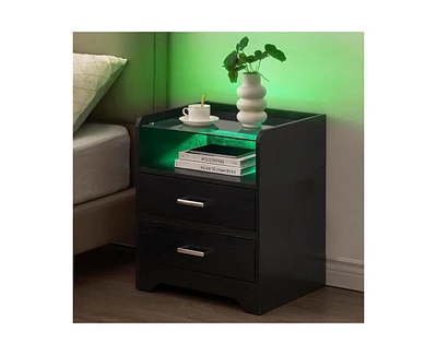 gaomon Night Stand with 2 Drawers, Smart End Side Table with Led Lights and Glass Top, Modern Bedside Table with Open Storage for Bedroom Living Room