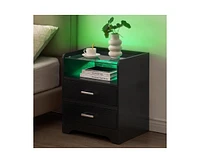 gaomon Night Stand with 2 Drawers, Smart End Side Table with Led Lights and Glass Top, Modern Bedside Table with Open Storage for Bedroom Living Room