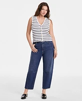 On 34th Women's Striped Pointelle Button-Front V-Neck Vest, Exclusively at Macy's