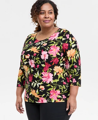 Jm Collection Plus Printed 3/4-Sleeve Top