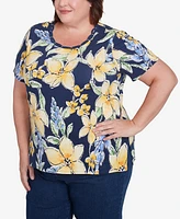 Alfred Dunner Plus Navy Floral Braided Crew Neck Top