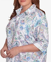 Alfred Dunner Plus Classic Paisley Button Down Cuffed Sleeves Top