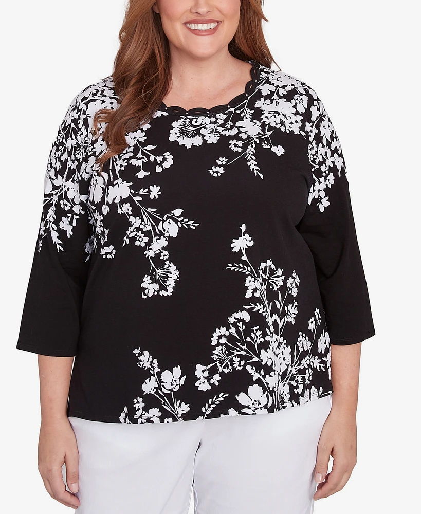 Alfred Dunner Plus Classic Asymmetric Floral Monotone Crew Neck Top