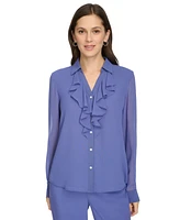 Calvin Klein Petite Ruffle-Front Long-Sleeve Blouse