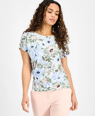 Ak Anne Klein Petite Short-Sleeve Scoop-Neck Floral Top