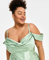 B Darlin Trendy Plus Off-The-Shoulder Satin Jacquard Gown