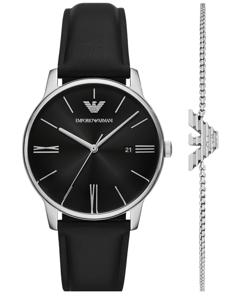 Emporio Armani Men's Black Leather Strap Watch 39mm Gift Set