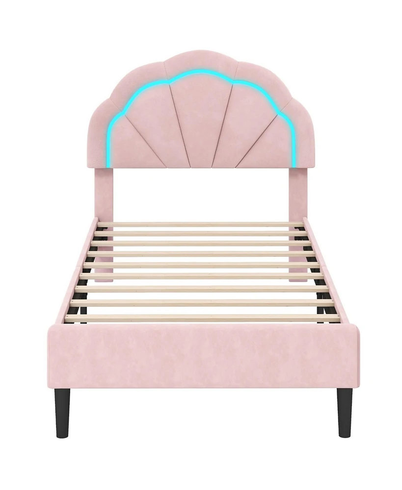 Gouun Upholstered Led Bed Frame with Adjustable Flower Headboard and Metal Support Feet-Twin Size