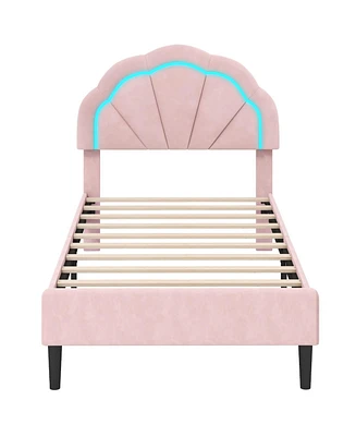 Twin Size Upholstered Led Bed Frame with Adjustable Flower Headboard and Metal Support Legs