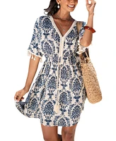 Cupshe Women's Blue Boho V-Neck Mini Beach Dress