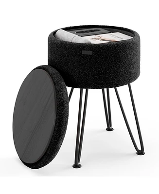 Nestl Boucle Round Ottoman with Hidden Storage – Modern Foot Stool, Makeup Vanity Small Rest