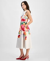 julia jordan Women's Floral-Print Belted Sleeveless Midi Dress
