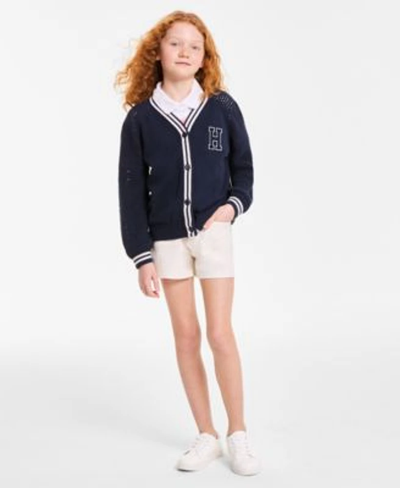 Tommy Hilfiger Big Girls Long Sleeve Varsity Cardigan Belted Denim Shorts