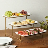 Gibson Home Gracious Dining Dinnerware, 3-Tier Rectangle Plate Serving Set with Gold Metal Stand, White