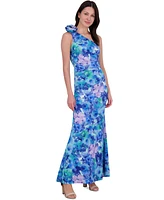 Eliza J Women's Printed Rosette Asymmetric One-Shoulder Gown