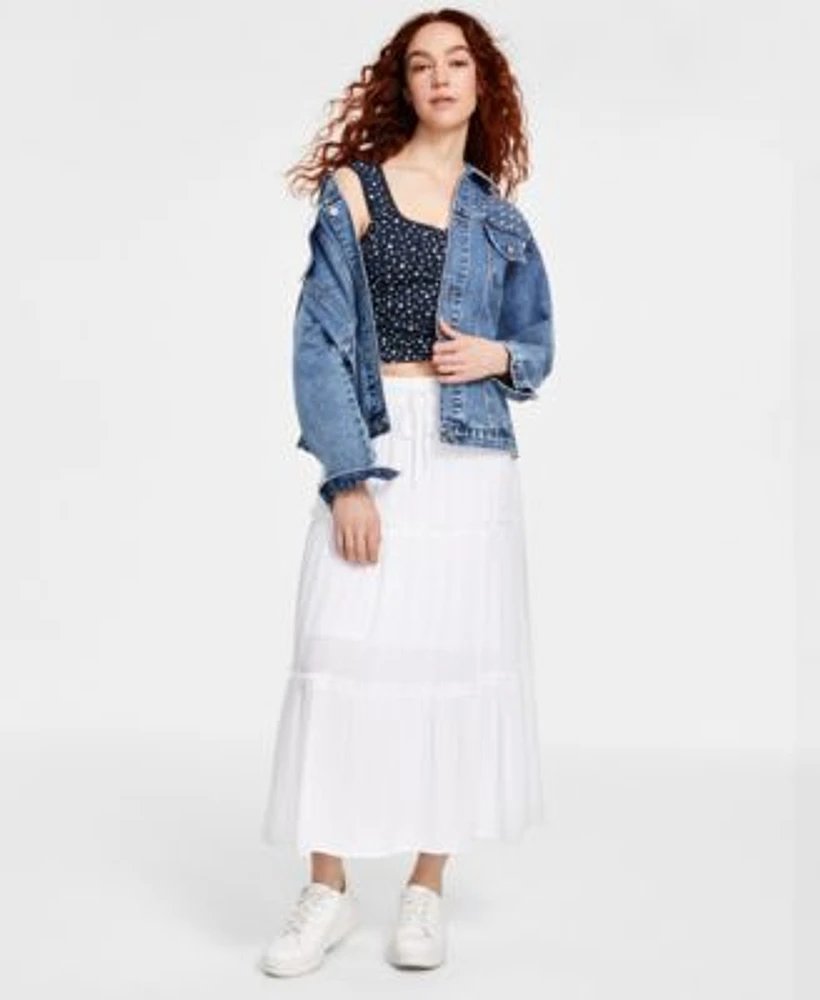 Studded Denim Jacket Ditsy Print Tank Tiered Maxi Skirt