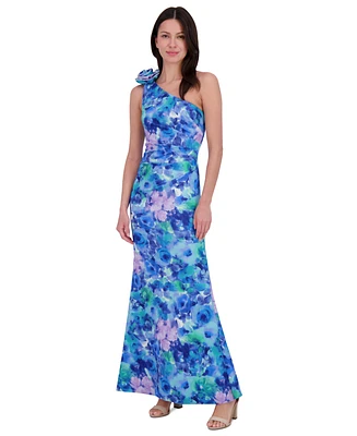 Eliza J Petite Rosette-Shoulder Watercolor-Print Evening Gown